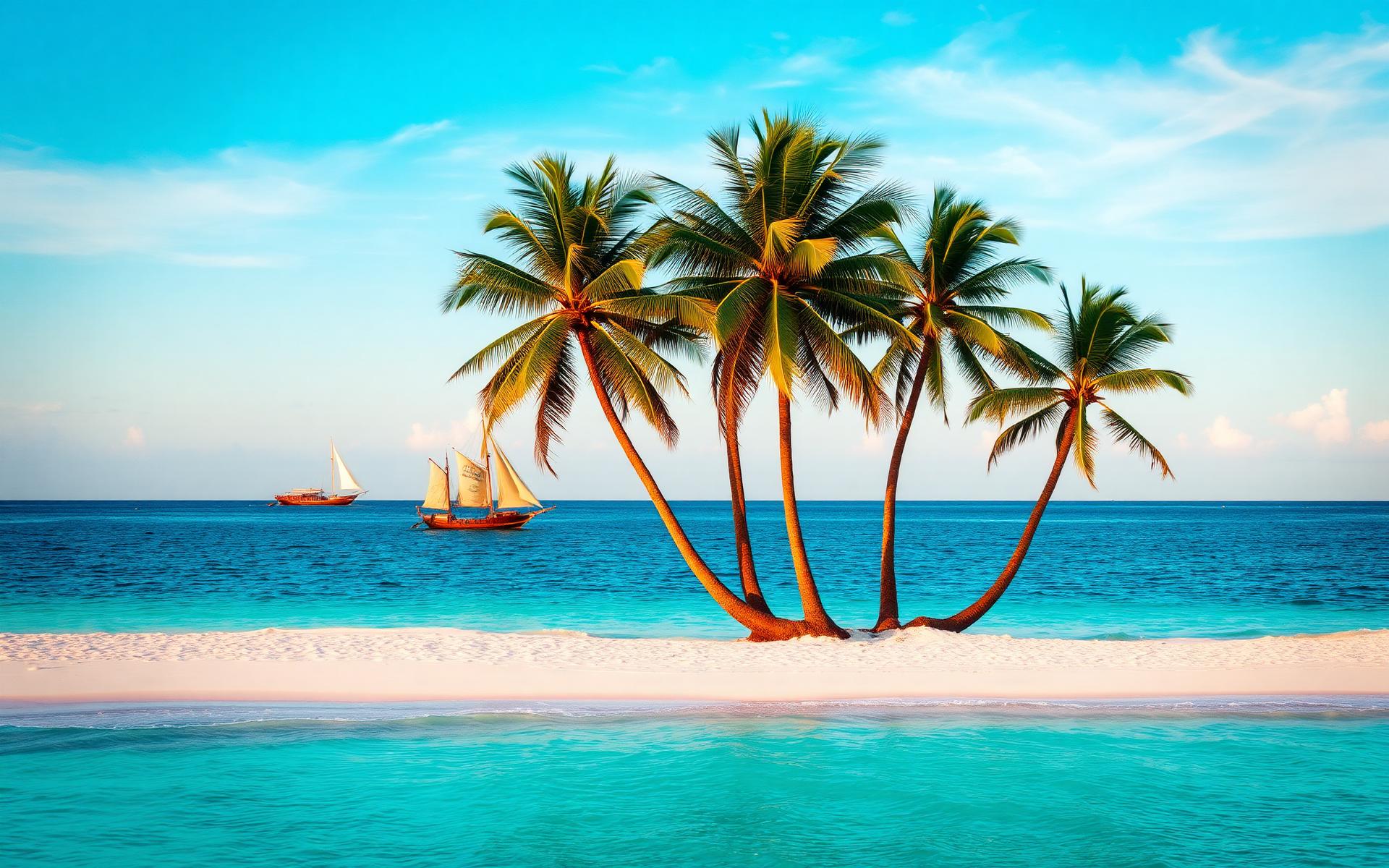 Zanzibar turquoise beach with palm trees and traditional dhow