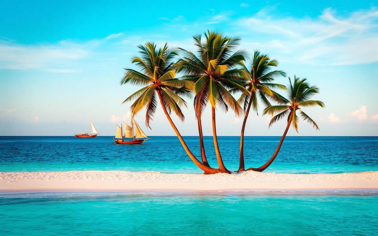 Zanzibar turquoise beach with palm trees and traditional dhow